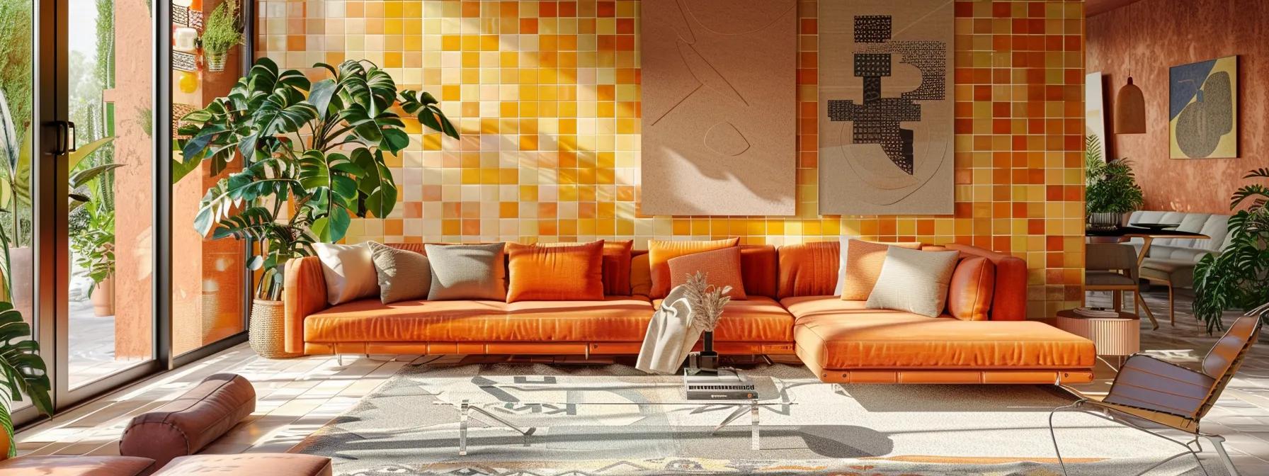 a contemporary living space features vibrant tile designs with bold color schemes, showcasing an open layout flooded with natural light that emphasizes the modern and energetic atmosphere. a contemporary living space features vibrant tile designs with bold color schemes, showcasing an open layout flooded with natural light that emphasizes the modern and energetic atmosphere.