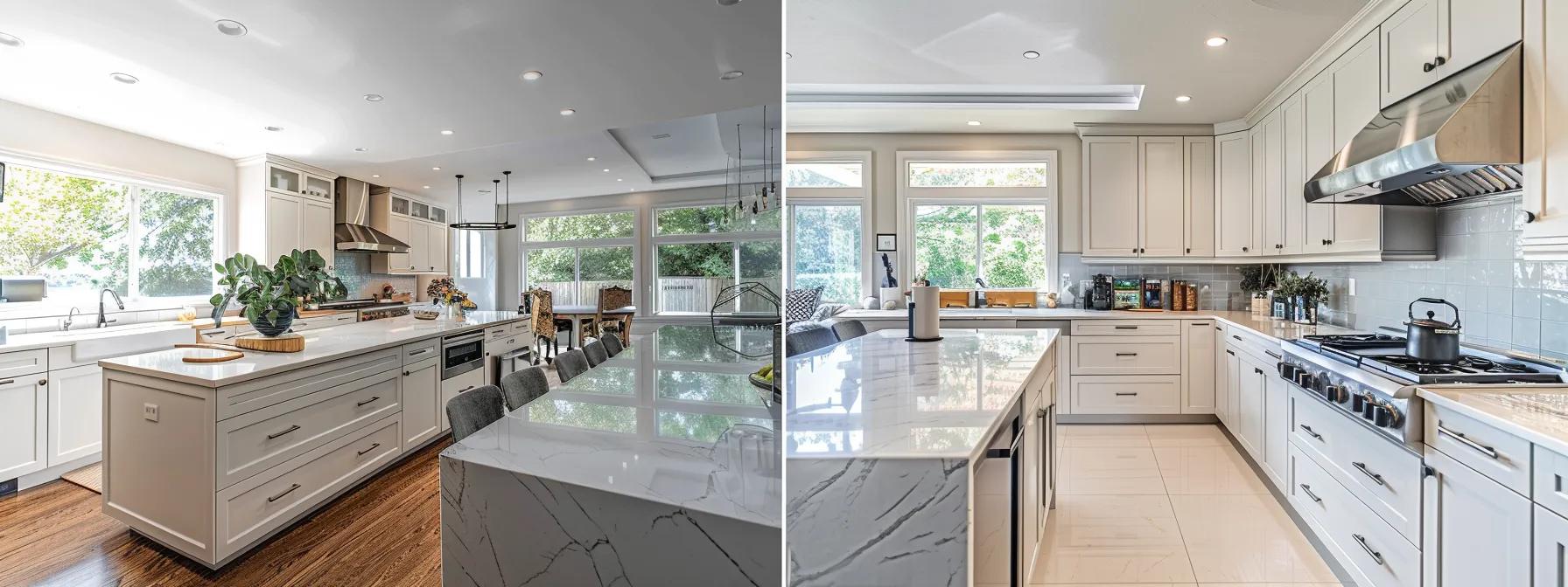 a modern kitchen interior, showcasing sleek cabinetry, stylish countertops, and contemporary lighting in an open, airy layout, all carefully labeled with corresponding cost estimates for each feature. a modern kitchen interior, showcasing sleek cabinetry, stylish countertops, and contemporary lighting in an open, airy layout, all carefully labeled with corresponding cost estimates for each feature.