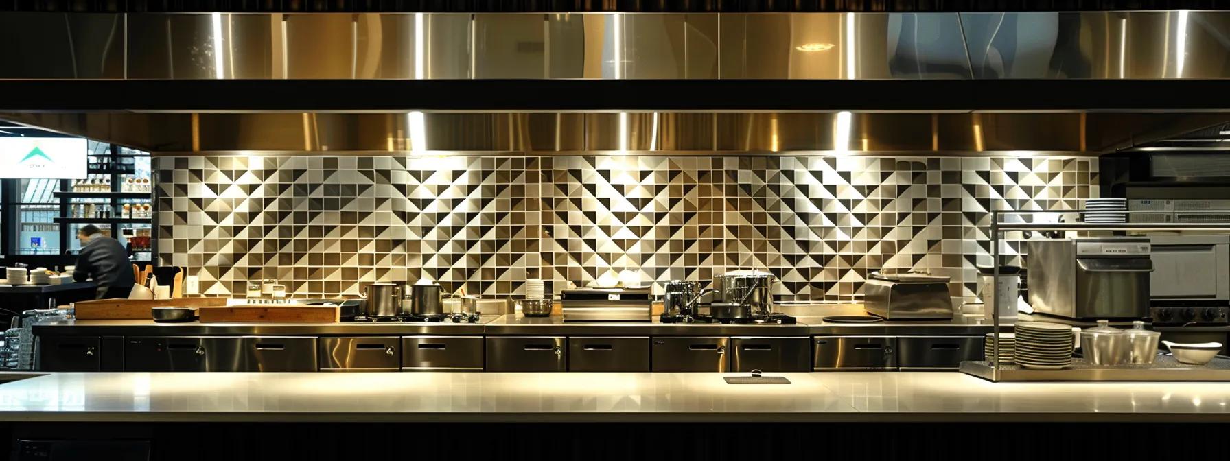 a sleek, modern kitchen features bold geometric tile patterns on the backsplash, radiating a sense of contemporary elegance while basking in an airy, open space illuminated by bright artificial lighting. a sleek, modern kitchen features bold geometric tile patterns on the backsplash, radiating a sense of contemporary elegance while basking in an airy, open space illuminated by bright artificial lighting.