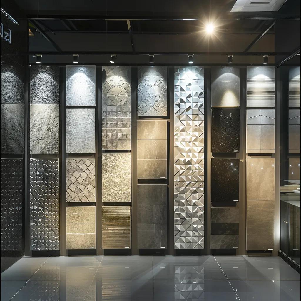 a sleek, modern showroom features an array of stunning, innovative tile designs for 2025, each showcasing bold textures and vibrant patterns under dramatic lighting, inviting viewers to explore the future of interior aesthetics.