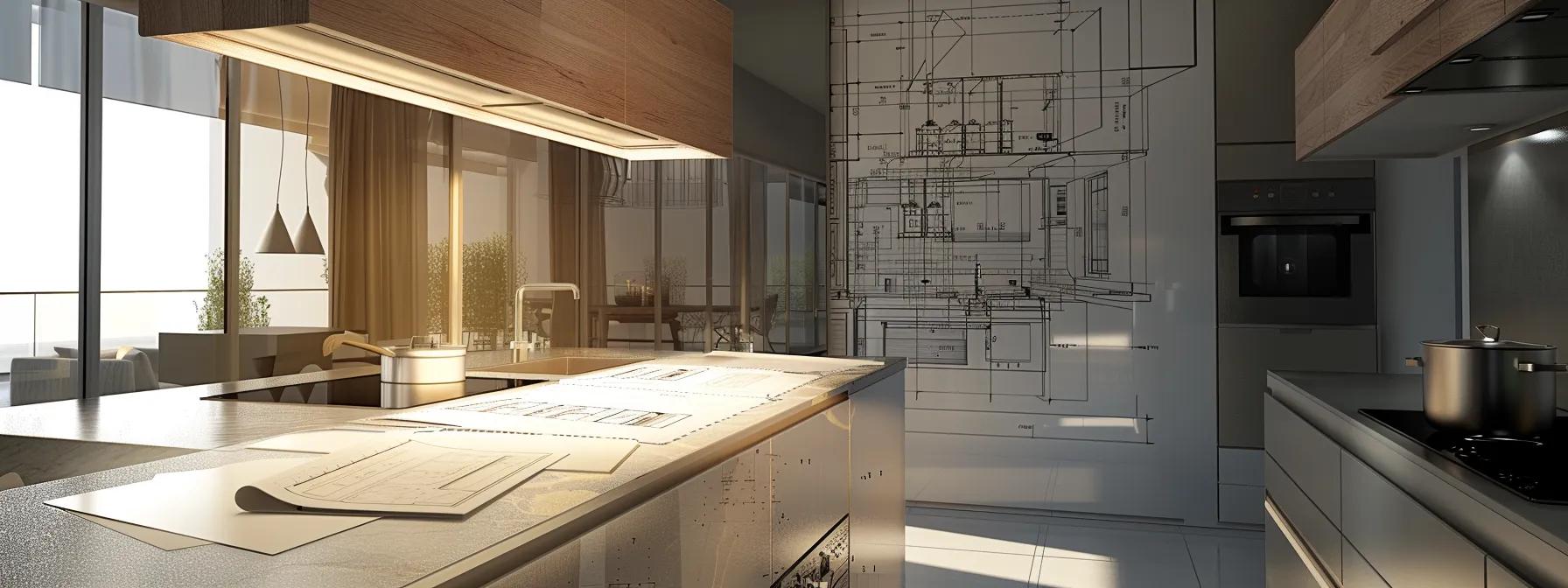 an elegant, modern kitchen under bright artificial lighting, showcasing a partially completed remodel with visible blueprints and a color palette swatch on the countertop, emphasizing the importance of planning for unexpected costs in renovation projects. an elegant, modern kitchen under bright artificial lighting, showcasing a partially completed remodel with visible blueprints and a color palette swatch on the countertop, emphasizing the importance of planning for unexpected costs in renovation projects.