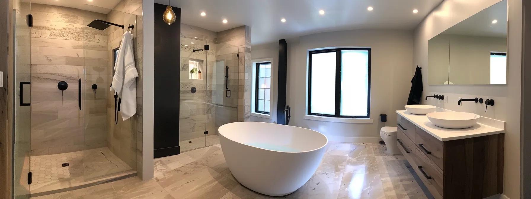 a sleek, modern bathroom featuring a stylish new bathtub installation surrounded by contemporary fixtures and spacious, airy design elements that highlight the luxury and functionality of a 2025 bathroom renovation.